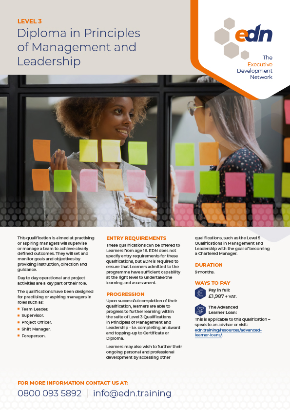 Level 3 Diploma in Principles of Management and Leadership fact sheet